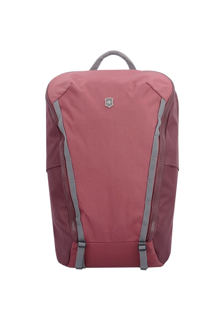 Weinroter Rucksack aus strukturiertem Gewebe, mit grauen Akzenten, Reißverschlussdetails und einem oberen Griff. Schlankes, modernes Design mit ergonomischer Form.