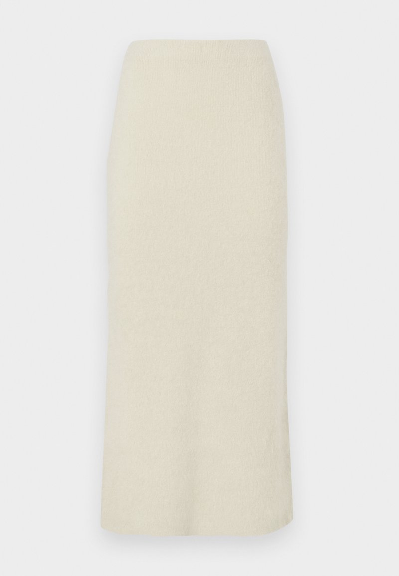 Cream-colored, knee-length pencil skirt with a soft, textured fabric and a high waistline.