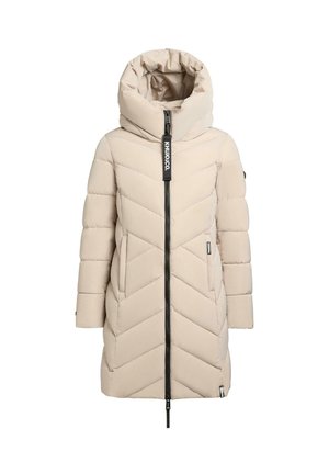Beige puffer coat with a chevron pattern, high collar, zipper front, and side pockets. Features a hood and branded zipper pull.