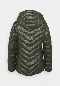 Dunkelgrüne, gesteppten Steppjacke mit Chevron-Steppung und angenähter Kapuze, von hinten vor einem einfarbigen Hintergrund gezeigt.