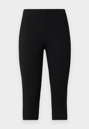 Schwarze Capri-Leggings aus dehnbarem Material, die eng anliegen und eine glatte Textur aufweisen, ohne auffällige Muster oder Akzente.