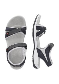 Dark gray sporty sandals with adjustable straps, textured white sole, cushioned interior, and a minimalist design.