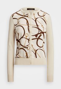 Cardigan cu o bază crem, având un design imprimat cu curele maro și lanțuri aurii. Mânecile și tivul ribbați, decolteu rotund, închidere cu nasturi.