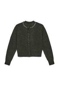Dunkelgrüner Cardigan mit langen Ärmeln, rundem Hals und dekorativen Perlenverzierungen am Kragen. Mit einer durchgehenden Knopfleiste.