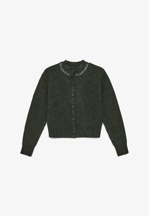 Dark green cardigan with long sleeves, round neck, and decorative bead embellishments around the collar. Features a button-down front.