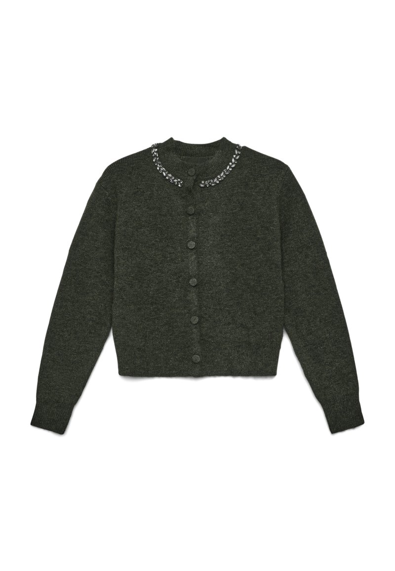 Dunkelgrüner Cardigan mit langen Ärmeln, rundem Hals und dekorativen Perlenverzierungen am Kragen. Mit einer durchgehenden Knopfleiste.