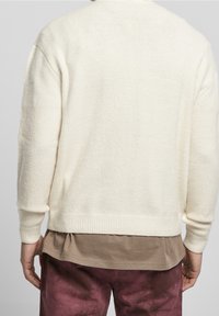 Maglione lavorato a maglia beige chiaro con polsini e orlo a costine, caratterizzato da un tessuto testurizzato. Indossato sopra una camicia marrone stratificata e pantaloni viola.