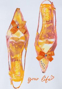 High-heeled shoe illustration in orange and yellow with satin bows and rhinestone accents on a white background, accompanied by "your life."
