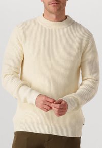 Crème-kleurige gebreide trui met een ronde hals, voorzien van ribbeltextuur en lange mouwen, ideaal voor casual dragen.