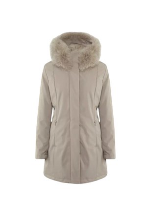 Parka in beige per l'inverno con cappuccio foderato in pelliccia, maniche lunghe, zip frontale e tasche laterali con zip.
