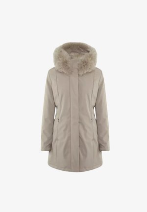 Parka d'hiver beige avec capuche en fourrure, manches longues, fermeture éclair à l'avant et poches zippées sur les côtés.