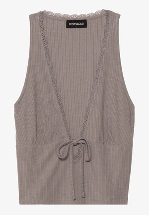 Szürke ribbelt crop top V-nyakkivágással, csipke díszítéssel és előre megkötött csomóval. Jellemzője egy vertikálisan csíkozott, textúrált anyag.