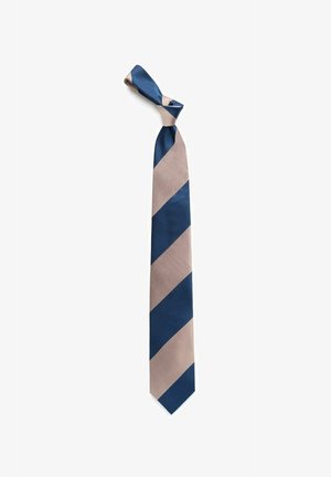 Marinblå och beige randig slips i texturerad siden. Har diagonala ränder, avslutad med en spetsig ände och knuten upptill.