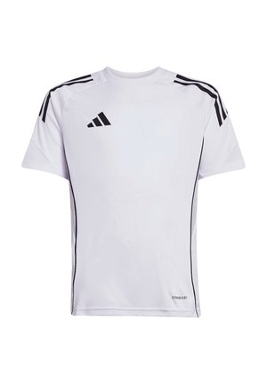 T-shirt sportivo bianco realizzato in tessuto leggero, con strisce nere sulle spalle e ai lati, e il marchio "AEROREADY" sull'orlo.