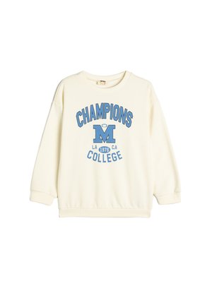 Kremowa bluza z długim rękawem, z niebieskim nadrukiem na ekranie, na którym znajduje się napis "CHAMPIONS M COLLEGE" oraz mała ikonka piłki nożnej.