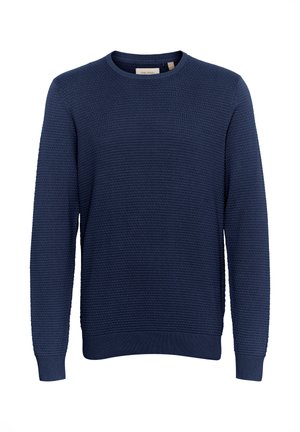 Navy blue knitted sweater with a textured pattern, round neckline, and ribbed cuffs and hem. Soft, stretchable material.