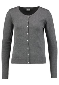 Mörkgrå långärmad stickad cardigan med rund halsringning och vita knappar fram, ribbade ärmslut och nederkant.