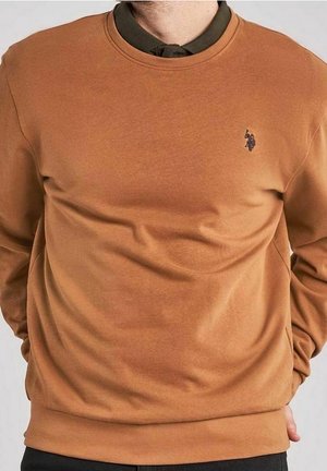 Muž nosící hnědý crewneck svetr přes tmavě olivově zelenou košili s límečkem, stojící s rukama za zády.