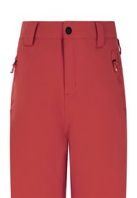 Červené technické kalhoty s hladkým povrchem, vybavené přední kapsou na zip a zapínáním na knoflík, určené pro venkovní použití.