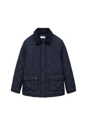 Veste matelassée bleu marine avec col noir, boutons-pression à l'avant et deux grandes poches à rabat avec fermetures à pression.