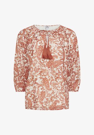 Boho-stijl blouse met lange pofmouwen, roestkleurige paisley- en bloemenprint op wit, met kwastjeskoorden bij de halslijn.