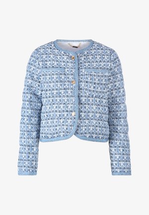 Blue tweed jacket with a textured pattern, round neckline, and gold buttons. Features two front pockets and a cropped design.