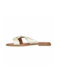 Gold metallic slide sandal with two overlapping straps, flat sole, and a smooth texture. Details include a tan footbed and minimalistic design.