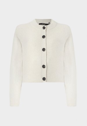 Cardigan cropped tricotado em creme claro, apresentando textura em canelado, decote redondo e botões pretos na frente.