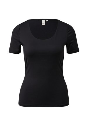 Zwarte aansluitende dames T-shirt met korte mouwen, ronde halslijn en maatlabel binnenin de kraag.