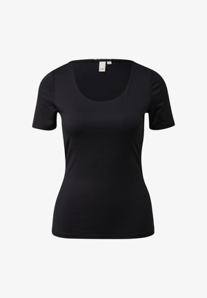 Musta, lyhythihainen, vartalonmyötäinen naisten T-paita, jossa on pyöreä pääntie ja kokolapussa kauluksen sisäpuolella.