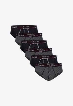 Zes zwarte herenslips met Sloggi-merkbanden, afwisselend met effen en dunne verticale streepjes, gerangschikt in een verspringende rij.