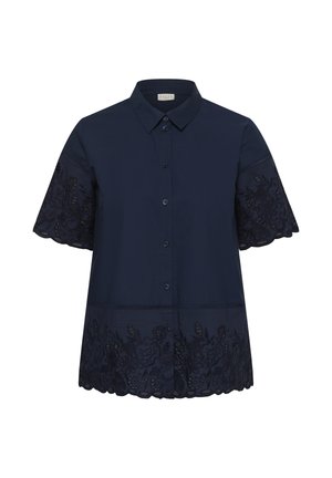 Camicia blu navy a maniche corte con bottoni, dettagli in pizzo floreale sulle maniche e sull'orlo, e colletto classico.