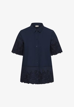 Bluza bleumarin cu mâneci scurte și nasturi, cu detalii din dantelă florală pe mâneci și tiv, și guler clasic.