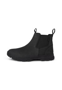 Botines negros de cuero liso con paneles laterales elásticos y tiradores, que presentan una suela de goma texturizada y una silueta elegante.