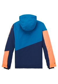 En färgglad jacka med en blå överdel, marinblå underdel och orange detaljer. Inkluderar en huva och elastiska ärmslut. Slät tygtextur.