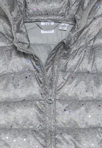 Giubbotto imbottito grigio con paillettes multicolor, chiusura con zip davanti e cappuccio. Fodera liscia; l'esterno presenta un aspetto trapuntato e testurizzato.