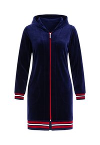 Accappatoio con cappuccio in velluto blu navy, dotato di zip a tutta lunghezza, due tasche grandi e polsini e orlo a strisce rosse, bianche e blu.