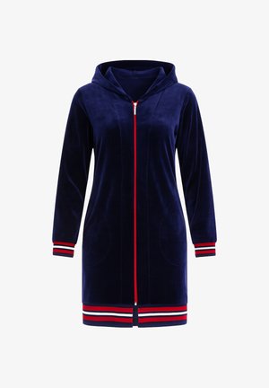Nawówny aksamitny szlafrok z kapturem, z pełnym zamkiem błyskawicznym, dwoma dużymi kieszeniami oraz mankietami i dołem w czerwono-biało-niebieskie paski.