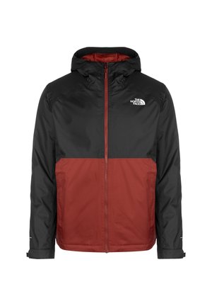 Czarna i czerwona wodoodporna kurtka z kapturem, z zamkiem z przodu i logo na lewej piersi. Charakteryzuje się wzorem w blokach kolorów oraz elastycznymi mankietami.