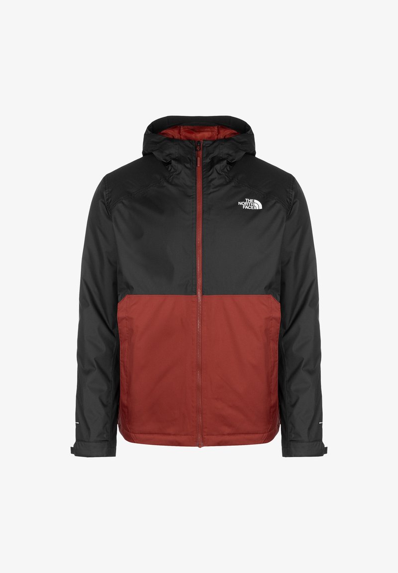 Czarna i czerwona wodoodporna kurtka z kapturem, z zamkiem z przodu i logo na lewej piersi. Charakteryzuje się wzorem w blokach kolorów oraz elastycznymi mankietami.