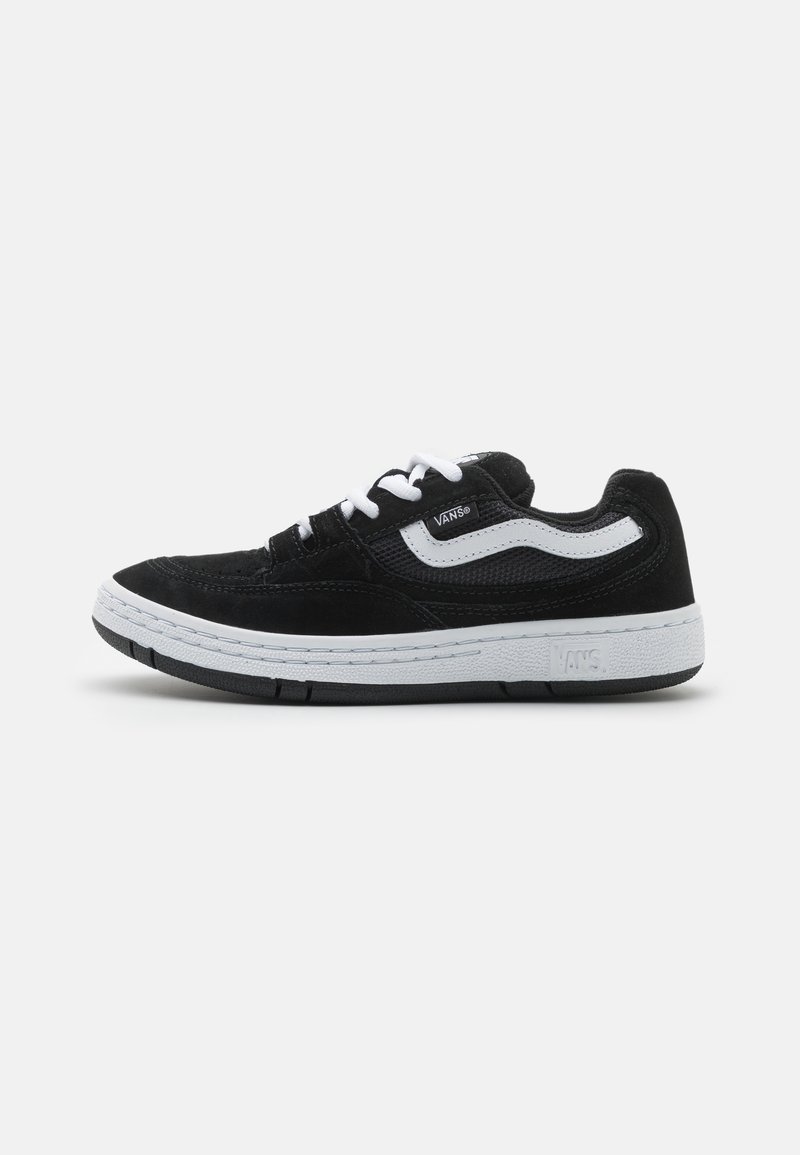 Black and white sneaker featuring a suede and mesh upper, with a white rubber sole, and classic Vans side stripe design.
