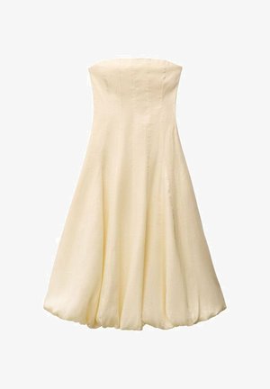 Crèmekleurige strapless jurk met een getailleerde bovenkant en een uitlopende rok. Gemaakt van een gladde, lichte stof en voorzien van verticale naden.