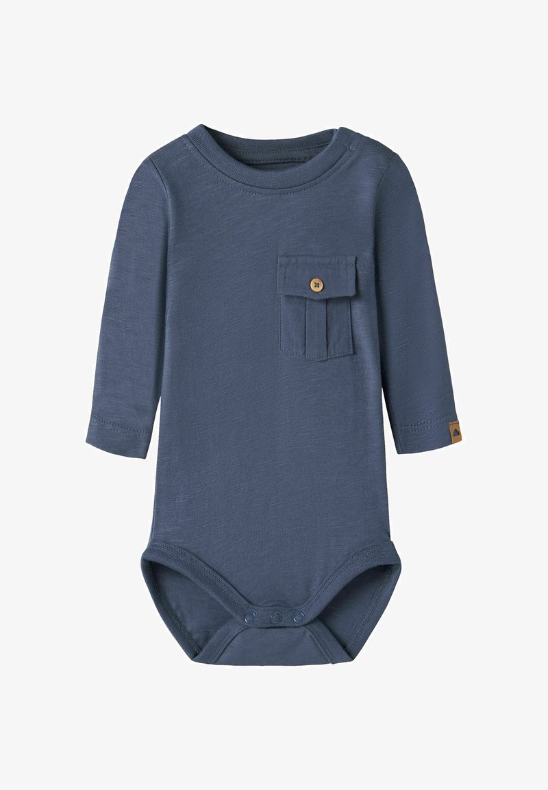 Body bébé bleu marine à manches longues avec col rond, poche avant boutonnée et trois pressions à l'entrejambe.