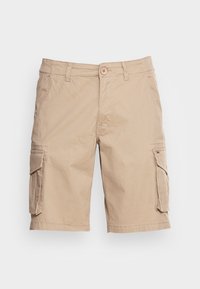 Beige cargo šortky vyrobené z bavlny, se dvěma bočními kapsami a jednou kapsou na cargo, s uzávěrem na knoflík v pase a poutky na opasek.
