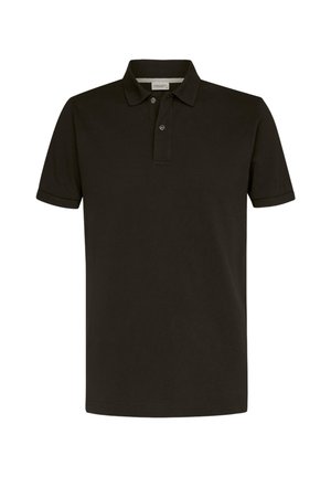 Camisa polo negra de algodón, con cuello, tapeta de tres botones, mangas cortas y tejido texturizado.