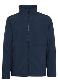 Chaqueta de punto azul marino con cremallera y cuello alto, fabricada en tejido suave, que cuenta con bolsillos laterales y un diseño minimalista elegante.