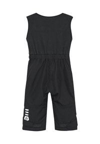 Svart kortärmad jumpsuit med elastisk midja, med en slät överdel och texturerade korta ben. Inkluderar vitt logotyp och detaljer.