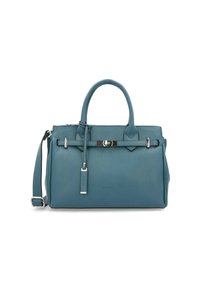 Blue leather handbag with dual handles and detachable shoulder strap. Features a silver clasp and minimalist accents. Compact rectangular shape.