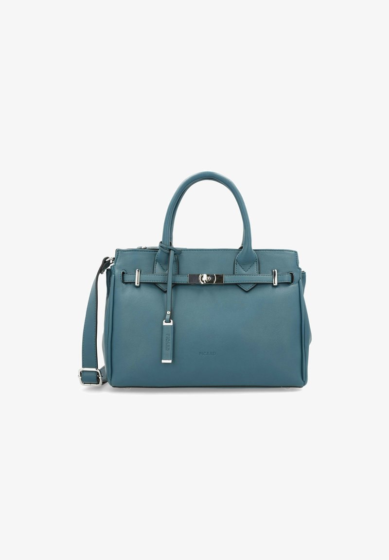 Sac à main en cuir bleu avec deux poignées et une bandoulière amovible. Caractéristiques d'un fermoir en argent et d'accents minimalistes. Shape rectangulaire compacte.
