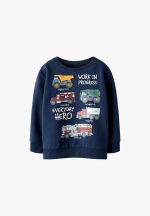 Tumesinine sviiter, millel on rõhuvad graafikad ja tekst. Sisaldab värvikat illustratsiooni kraanaga, kiirabi, prügiveoauto ja päästeteenistuse autost.